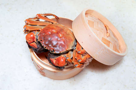 Cooked Chinese hairy crab isolated on whiteの写真素材