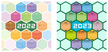 Vector year of 2022 and 2023 calendar with hexagon backgroundのイラスト素材