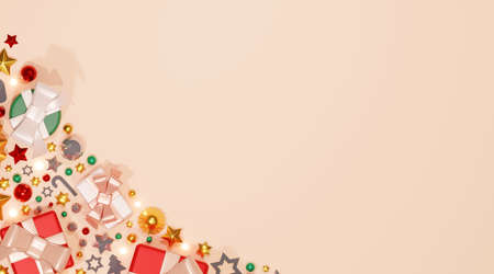 3D illustration background of Christmas gifts and beautiful ornamentsの写真素材