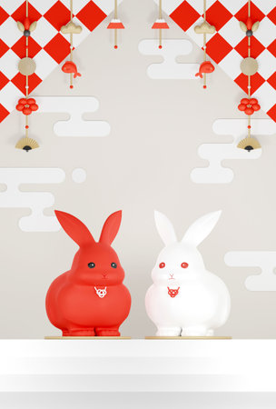 3D New Year's greeting card for the New Year of the Rabbit. Two cute red and white rabbits, flowers, a fan, Mt. Fuji, and a red snapper are decorated with auspicious motifsの写真素材