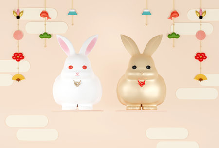 3D New Year's greeting card for the New Year of the Rabbit. Two cute white and gold rabbits, flowers, a fan, Mt. Fuji, and a red snapper are decorated with auspicious motifsの写真素材