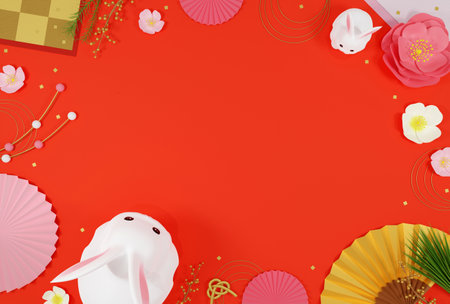 New Year's card material for the year of the rabbit-3D red color background frame illustration of a cute rabbit and a flower or a fan for good luckの写真素材