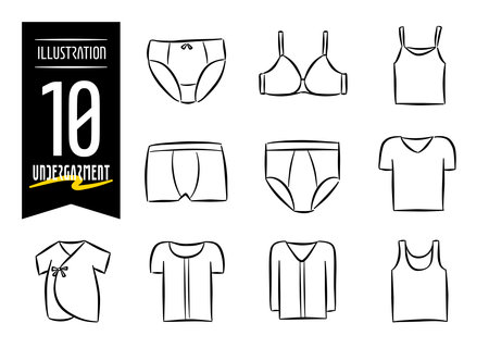 Set of 10 hand-drawn pop icon illustrations featuring bikinis, trunks and other innerwearのイラスト素材