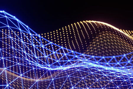 Blue and yellow glowing net wave background graphics and images of technology, near future, virtual spaceの写真素材