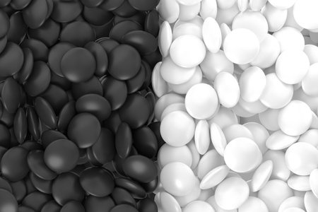 3D Go stones arranged in two clearly divided areas representing contrasts and divisions.の写真素材