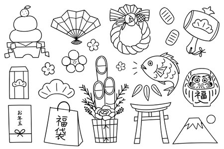 A set of hand-drawn line illustrations featuring the Japanese New Year.のイラスト素材