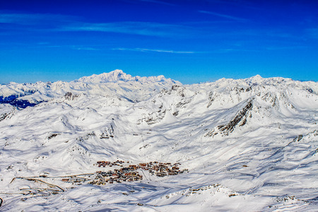 View of french alpine village Val-Thorens from aboveの写真素材