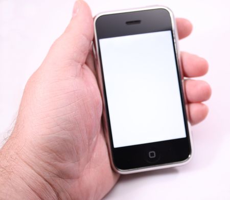 White screen on a Modern touch screen popular phone mobile device for communication, music, internet and more.のeditorial素材