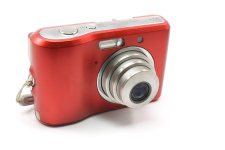 Samll, red, digital camera photographed on a white backgroundの写真素材