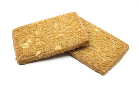 Two wafers made from high fiber photographed on a white backgroundの写真素材