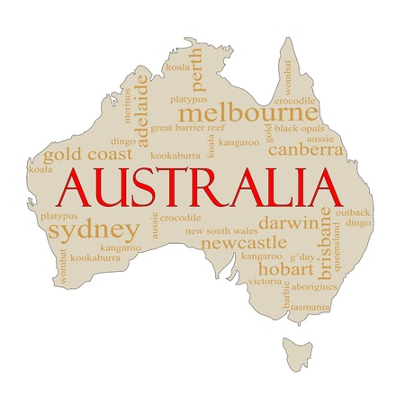A map of Australia with different Australian terms around it such as Melbourne, Canberra, kangaroo, aborigines, Darwin and a lot more.の写真素材