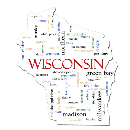 A Wisconsin map word cloud with great terms such as Green Bay, football, Milwaukee, Madison, baseball, musky, cheese and more.の写真素材