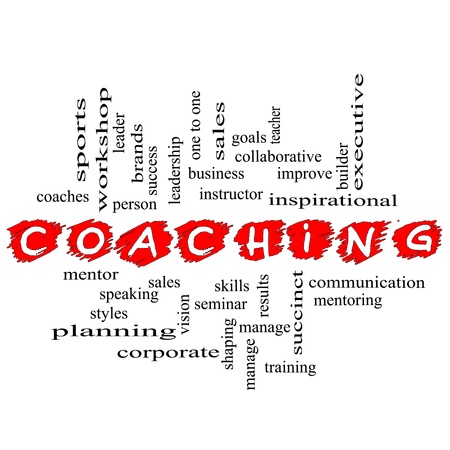 A Coaching word cloud concept scribbled in red with terms such as mentor, seminar, isntructor, sports, goals and more.の写真素材