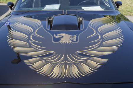 APPLETON, WI - JULY 21:  The hood of a 1980 black Pontica Firebird Trans Am with emblem on hood of the car at the 18th Annual WVBO Classic Car Show and Cruise at Fox Valley Technical College on July 21, 2012 in Appleton, Wisconsin.のeditorial素材