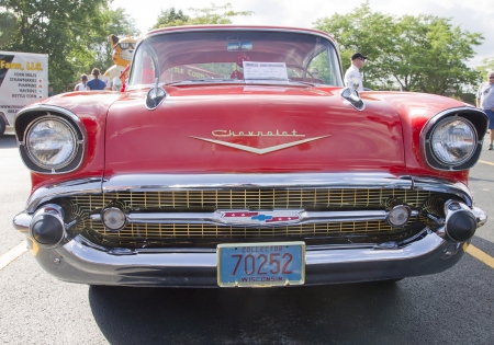 APPLETON, WI - JULY 21: Front view of a Red 1957 Chevy Chevrolet Bel Air Two Door at the 18th Annual WVBO Classic Car Show and Cruise at Fox Valley Technical College on July 21, 2012 in Appleton, Wisconsin.のeditorial素材