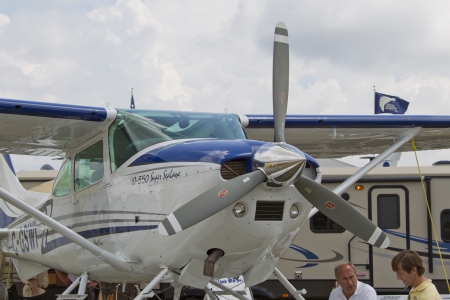 OSHKOSH, WI - JULY 27:  Front view of a Seaplanes West Inc. Super Sealane 10-550 pontoon float airplane on display the 2012 AirVenture at EAA on July 27, 2012 in Oshkosh, Wisconsin.のeditorial素材