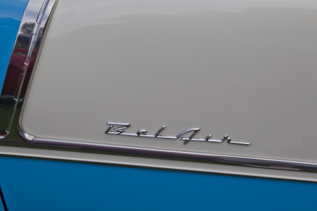 COMBINED LOCKS, WI - AUGUST 18: Side and name of 1955 Chevrolet Bel Air Aqua Blue & White car at the 2nd Annual Horizon of Hope Generations Car and Truck Show on August 18, 2012 in Combined Locks, Wisconsin.のeditorial素材