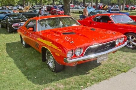 WAUPACA, WI - AUGUST 25: 1972 Orange Dodge Challenger car at the 10th Annual Waupaca Rod & Classic Car Club Car Show on August 25, 2012 in Waupaca, Wisconsin.のeditorial素材