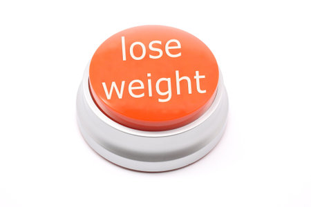 Large, red, Lose Weight push button photographed on a white background