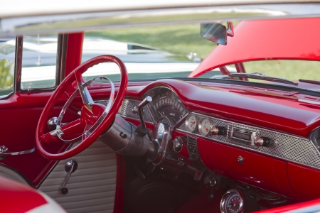 MARION, WI - SEPTEMBER 16: Interior of Red and white Chevy Bel Air car at the 3rd Annual Not Just Another Car Show on September 16, 2012 in Marion, Wisconsin.のeditorial素材