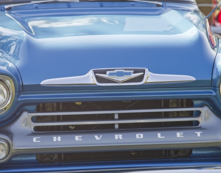 MARION, WI - SEPTEMBER 16: Grill close up of Blue 1958 Chevy Apache truck at the 3rd Annual Not Just Another Car Show on September 16, 2012 in Marion, Wisconsin.のeditorial素材