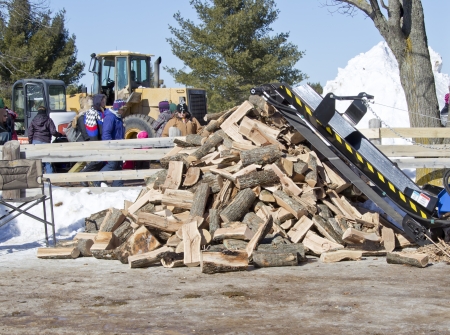 EAGLE RIVER, WI - MARCH 2:  Stacks of wood from the Lumberjack competitions at Klondike Days on March 2, 2013 in Eagle River, Wisconsin.のeditorial素材