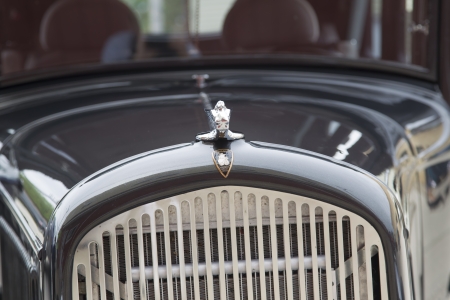WINNECONNE, WI - JUNE 1:  Grill and hood of a 1931 black Chrysler Plymouth Car at Annual Car Show on Main Street June 1, 2013 in Winneconne, Wisconsin.のeditorial素材
