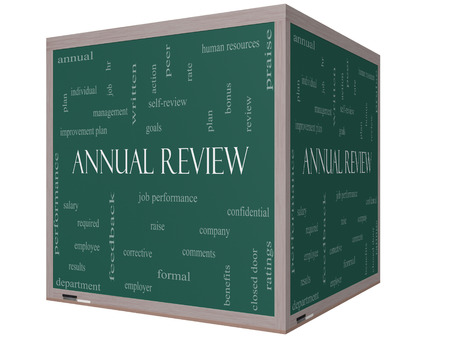 Annual Review Word Cloud Concept on a 3D Cube Blackboard with great terms such as job performance, plan, hr, goals and more.の写真素材