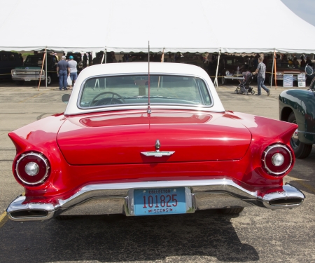 IOLA, WI - JULY 13:  Rear of 1957 Red Ford Thunderbird car at Iola 41st Annual Car Show July 13, 2013 in Iola, Wisconsin.のeditorial素材