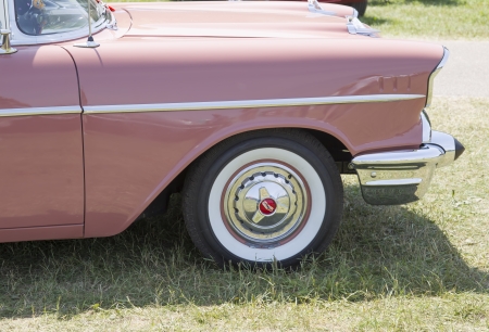 IOLA, WI - JULY 13:  Panel of 1957 Pink Chevy Bel Air Car at Iola 41st Annual Car Show July 13, 2013 in Iola, Wisconsin.のeditorial素材
