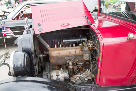 WINNECONNE, WI - JUNE 1:  Engine of 1924 Red Dodge Brothers Touring Car at Annual Car Show on Main...