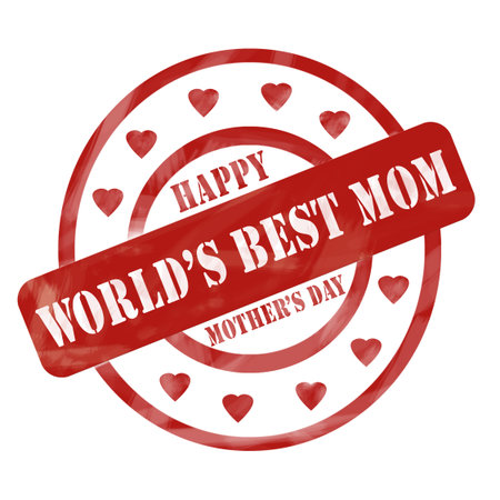 A red ink weathered roughed up circles and hearts stamp design with the words World's Best Mom HAPPY...