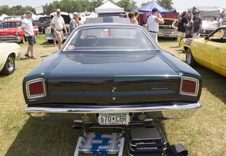 IOLA, WI - JULY 13:  Back of 1969 Black Plymouth RoadRunner Car at Iola 41st Annual Car Show July 13, 2013 in Iola, Wisconsin.のeditorial素材