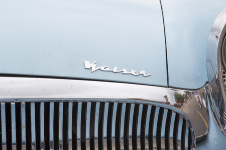 IOLA, WI - JULY 12:  Grill on a Powder Blue 1954 Kaiser Car at Iola 42nd Annual Car Show July 12, 2014 in Iola, Wisconsin.のeditorial素材
