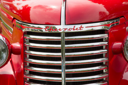 IOLA, WI - JULY 11:  Grill of Red 1939 Chevrolet pickup truck at Iola 43nd Annual Car Show July 11,...