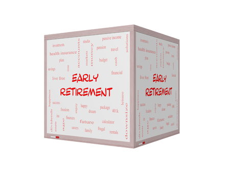 Early Retirement Word Cloud Concept on a 3D Whiteboard with great terms such as investments, budget, downsize and more.の写真素材