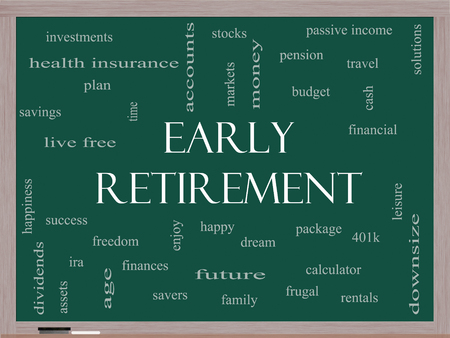 Early Retirement Word Cloud Concept on a Blackboard with great terms such as investments, budget, downsize and more.の写真素材