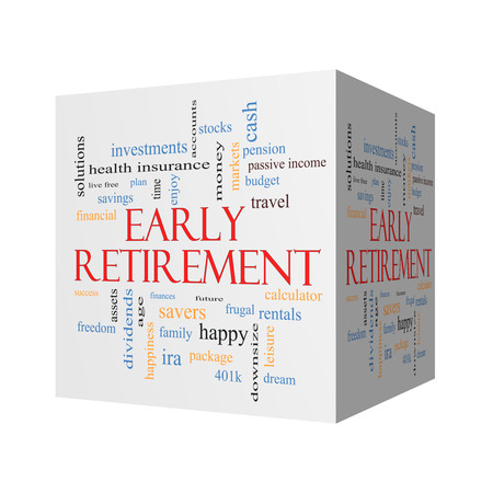 Early Retirement 3D cube Word Cloud Concept with great terms such as investments, budget, downsize and more.の写真素材