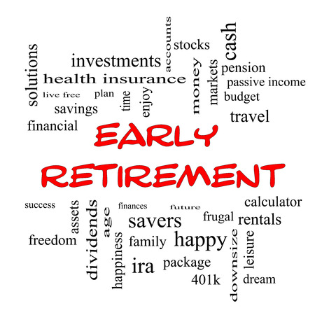 Early Retirement Word Cloud Concept in red caps with great terms such as investments, budget, downsize and more.の写真素材