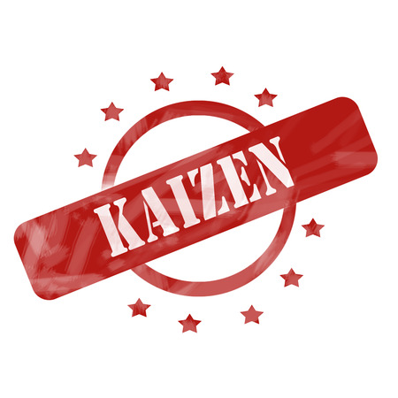 A red ink weathered roughed up circle and stars stamp design with the word Kaizen on it making a great concept.の写真素材