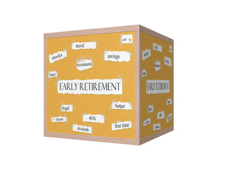 Early Retirement 3D Corkboard Word Concept with great terms such as travel, savings, budget and more.の写真素材