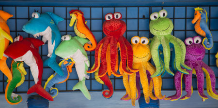 Array of stuffed prizes at carnival gameの写真素材