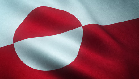 Realistic flag of Greenland waving with highly detailed fabric texture.の写真素材