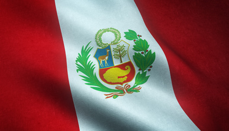Realistic flag of Peru waving with highly detailed fabric texture.の写真素材