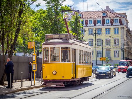 LISBON, PORTUGAL - April 30, 2017: Vintage red tram in the cityのeditorial素材