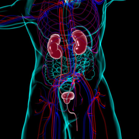 Human Urinary System Kidneys with Bladder Anatomy For Medical Concept 3D Illustration