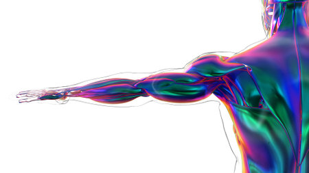 3D Illustration, Muscle is a soft tissue, Muscle cells contain proteins , producing a contraction that changes both the length and the shape of the cell. Muscles function to produce force and motion.の写真素材
