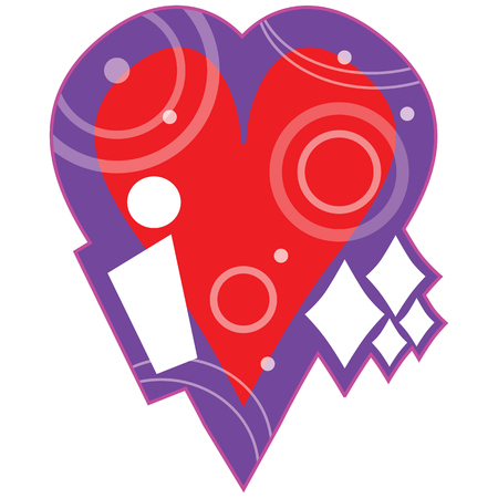 A bright colorful purple and red Valentine design graphic. The letter âiâ, a big red heart and white diamond shapes spell out. i heart diamonds.のイラスト素材