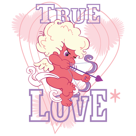 A cute cartoon valentine cupid is taking aim with a little bow and arrow. Stylized background and the words, true love.のイラスト素材