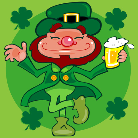 Toasted smiling Irish Leprechaun character holding a pint of beer dancing a jig. Clean clip-art cartoon style. Lots of green and shamrocks.のイラスト素材